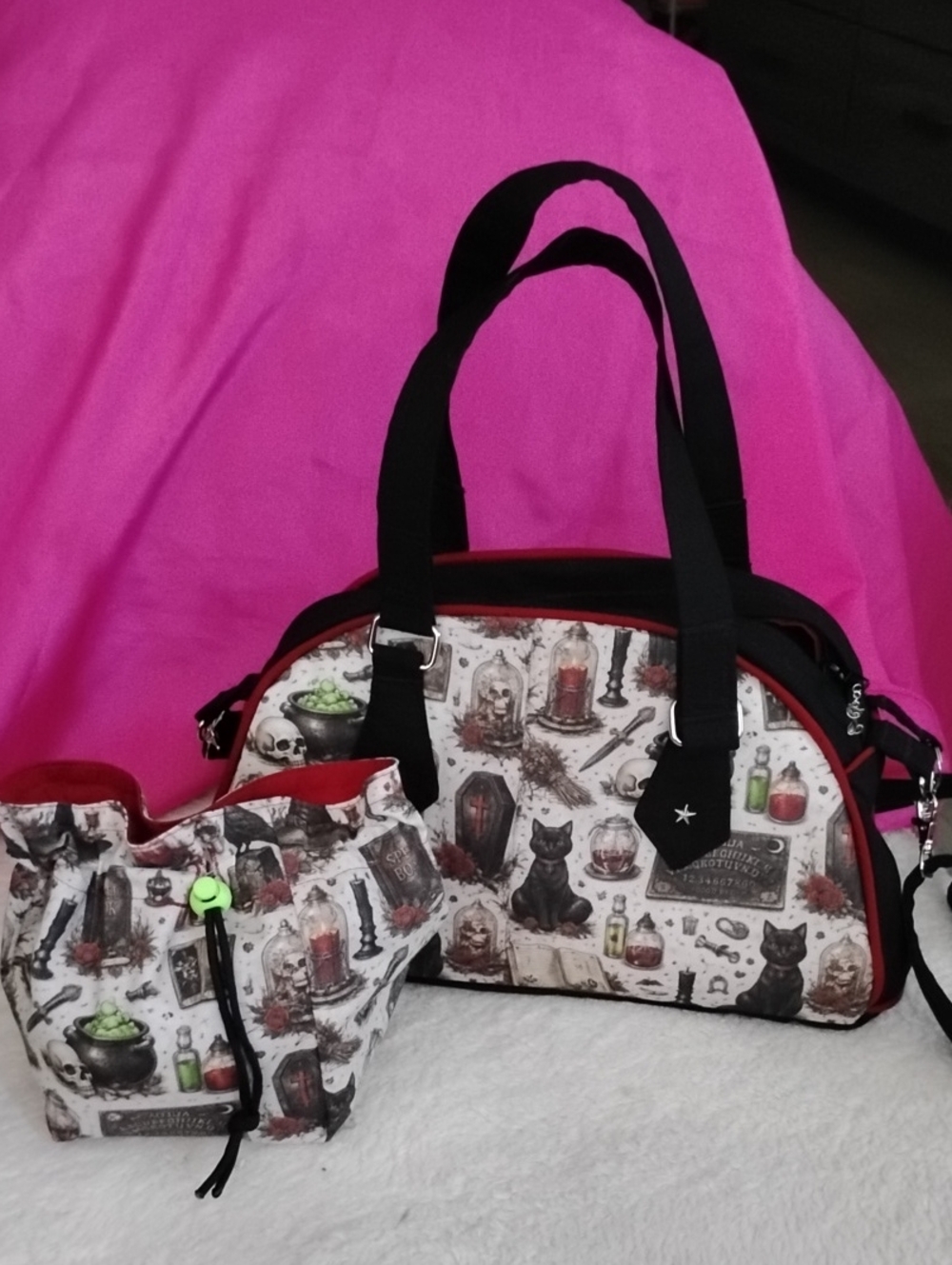 Black & White Gothic Cat Print Satchel Bag Set - Women